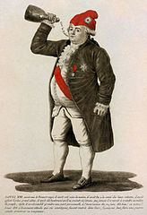 Tinted etching of Louis XVI of France, 1792, with a Phrygian cap.