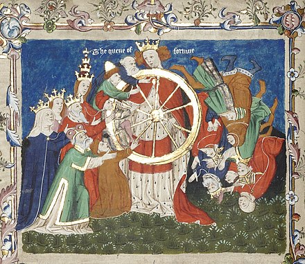 The "Queen of Fortune", helped by four other personifications, turns her wheel. English miniature for John Lydgate's Troy Book, 15th-century.