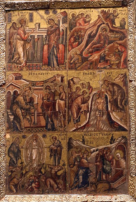 Wing from a Byzantine micromosaic diptych of the 12 Great Feasts, c. 1310. From top left: Annunciation, Nativity,  Presentation,  Baptism, Transfiguration,  Raising of Lazarus.