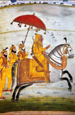 Миниатюра для Файл:Maharaja Ranjit Singh on horseback with attendants with all dressed in Basant (yellow).webp