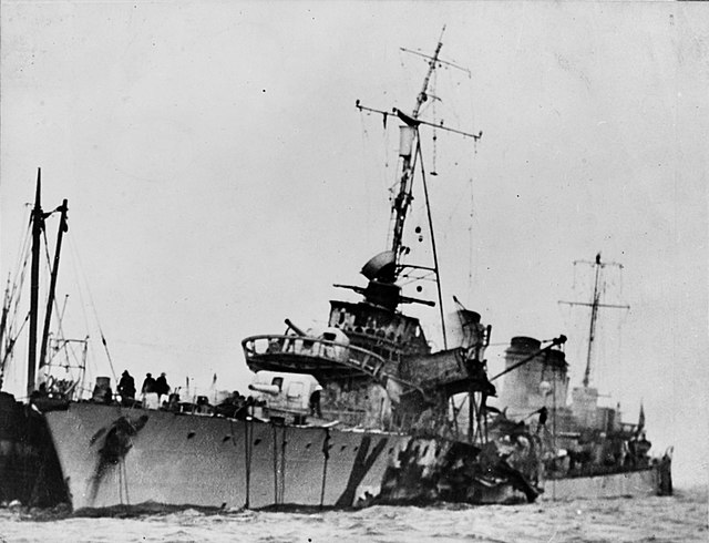 Maillé Brézé on fire and sinking, 30 April 1940