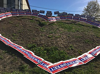 Campaign signs for Democratic candidates for Governor Betsy Sweet, Mark Eves and Adam Cote at the 2018 Maine Democratic convention at the Androscoggin Bank Colisee in Lewiston Maine Democratic Signs.jpg