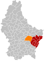 Комуна Юнглінстер (помаранчевий), кантон Гревенмахер (темно-червоний) та округ Гревенмахер (темно-сірий) на карті Люксембургу