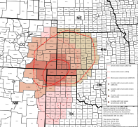 Area affected by the Dust Bowl between 1935 and 1938