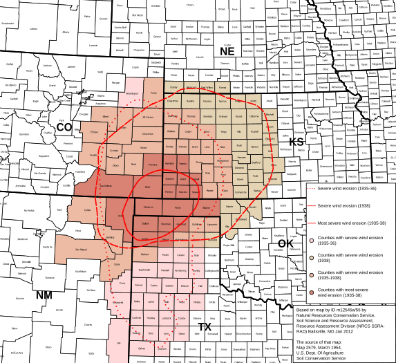 Map of states and counties affected by the Dust Bowl between 1935 and 1938 originally prepared by the Soil Conservation Service. The most severely affected counties during this period are colored