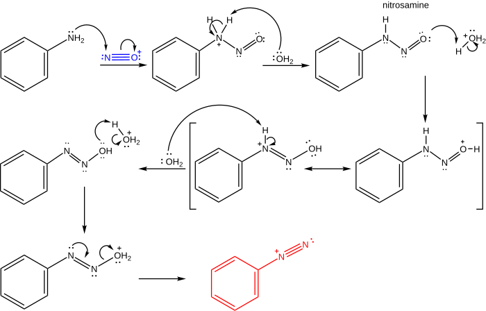 Detailed mechanism of the formation of the benzenediazonium ion