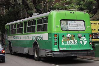 The Vancouver Flyer trolleybuses were repainted in Mendoza and re-lettered with EPTM's name and "El Trole" branding. Two-tone green was only one of five livery variations given to the ex-Vancouver vehicles. Mendoza Flyer trolleybus 47 - side-rear view 2014.jpg