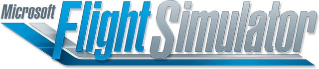 Logo de Microsoft Flight Simulator. « Microsoft » est écrit en noir en haut à gauche ; « Flight SImulator » au centre en bleu et gris ; deux lignes (une grise et une bleue) viennent souligner le texte.