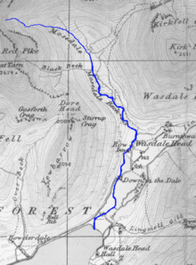 A map of Mosedale Beck (shown in blue) from 1925 Mosedale Beck 1925.PNG
