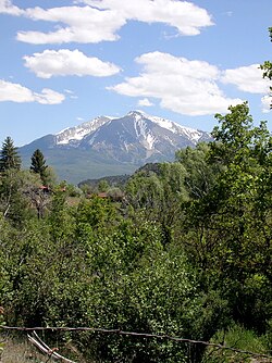 Mount Sopris, south of town, as viewed from Colorado Rocky Mountain School