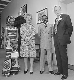 Gabonese First Lady Patience Dabany, Queen Juliana, President of Gabon Omar Bongo and Prince Bernhard at Soestdijk Palace on 14 May 1973 Ms Bongo, Queen Juliana, Omar Bongo, prince Bernhard 1973.jpg