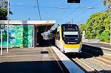 New Generation Rollingstock EMU set 753 at Sherwood Station, on a Redcliffe (Kippa Ring) service NGR753 approaching Sherwood railway station, Brisbane.jpg