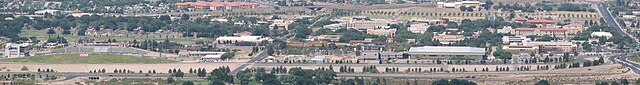 New Mexico State University's main campus, with Aggie Memorial Stadium on the left, and the primary "colleges" on the right, along University Avenue