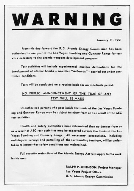 This handbill was distributed 16 days before the first nuclear device was detonated at the site.