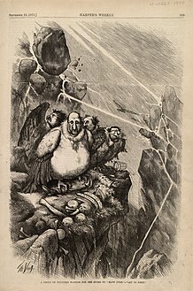A Group of Vultures Waiting for the Storm to "Blow Over"—"Let Us Prey." by Thomas Nast, Harper's Weekly newspaper, September 23, 1871.
