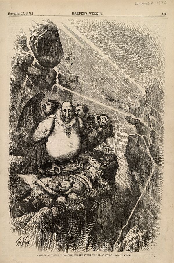 A Group of Vultures Waiting for the Storm to "Blow Over"—"Let Us Prey." by Thomas Nast, Harper's Weekly newspaper, September 23, 1871. "Boss" Tweed an