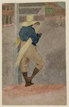 Watercolor of a sugar cane worker stripping cane by William Berryman, c. 1808 Negro man in straw hat, standing, stripping cane LCCN2007675694.tif