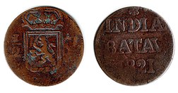 Países Baixos.  Índias Orientais, Batávia.  William I Copper ½ Stuiver Braços coroados - INDIAE BATAV 1821.jpg