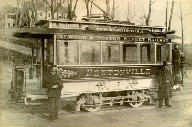 Early trolley car in Newton, Massachusetts