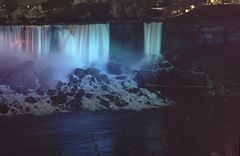 American Falls (left) and Bridal Veil Falls at night Niagara Falls at night 03.jpg