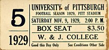 Ticket Stub for November 9, 1929 Pitt vs. W. & J. game November 9, 1929 Pitt versus Washington & Jefferson Ticket Stub.jpg