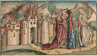Жена Лотова в центре иллюстрации из «Нюрнбергской хроники» (1493)