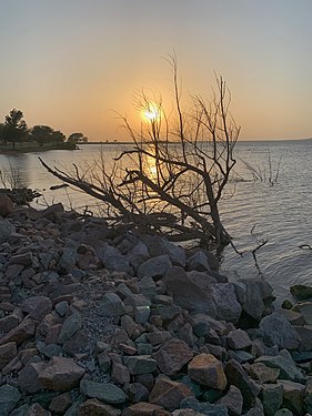 Oklahoma sunset shadows at Lake Thunderbird State Park.