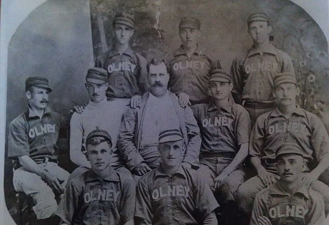 Olney, IL, Baseball Team, 1893. Ollie Pickering, top row, far right.