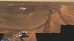 Der Krater mit der Landeplattform, fotografiert vom Mars-Rover Opportunity