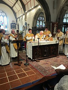 The 2018 pilgrimage mass. The Episcopal Patron celebrates with chapter-priests of the shrine. Our Lady of Willesden - pilgrimage mass.jpg