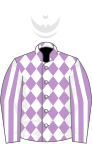 Mauve and white diamonds, striped sleeves, white cap