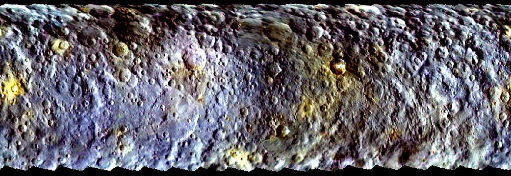 The first color map of Ceres by Dawn (exaggerated color, March 2015)
