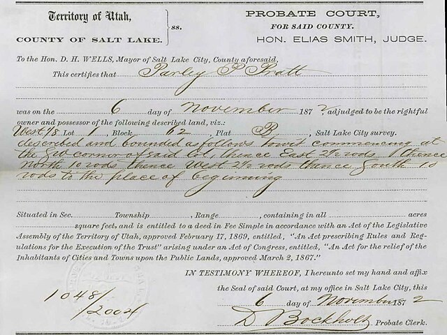 Parley P. Pratt's Land Title Certificate, No. 1048, 1872