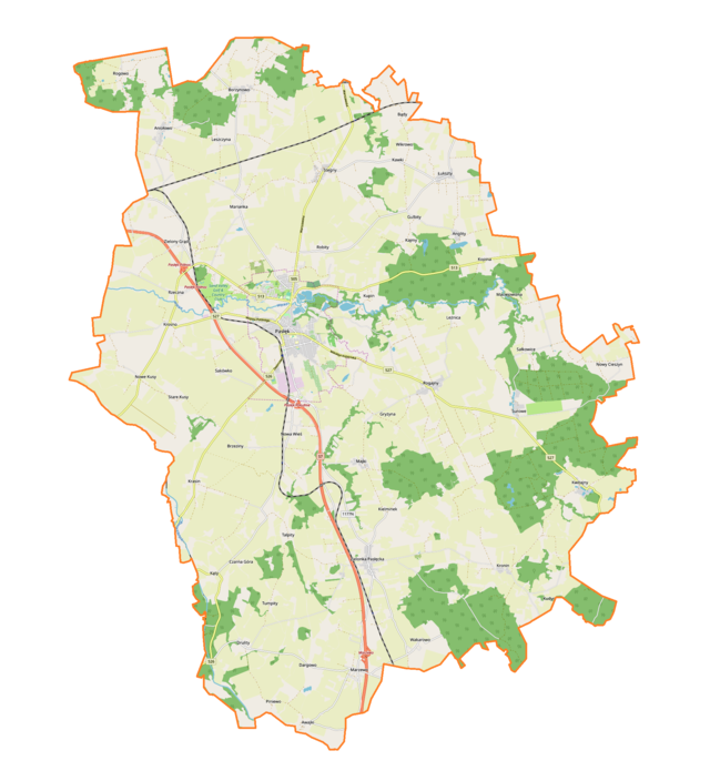 Mapa konturowa gminy Pasłęk, w centrum znajduje się punkt z opisem „Pasłęk”