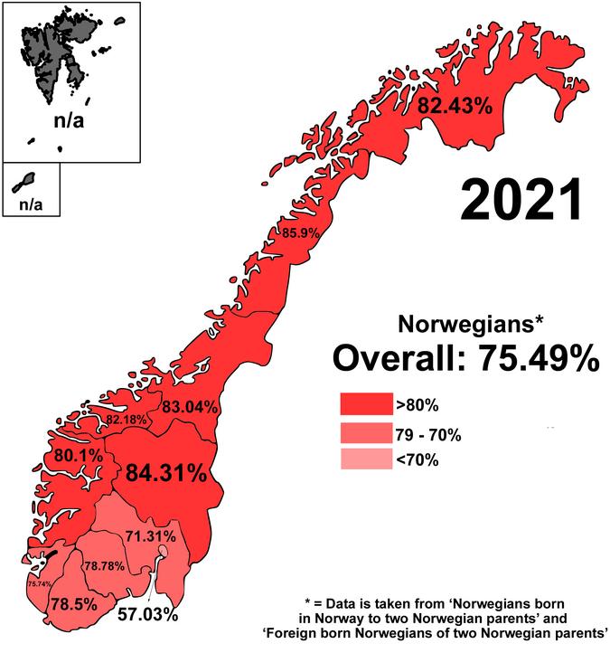 Norwegians of two Norwegian parents, either born abroad or in Norway as a percentage proportionally and nationally in Norway as of 2021
