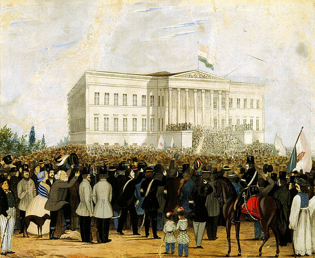 Revolutionary crowd in front of the Hungarian National Museum on 15 March 1848