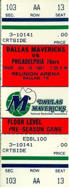 A ticket for an October 1981 pre-season game between the 76ers and the Dallas Mavericks.