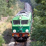 A freight train with PKP's locomotive SU46 025 on its way from Węgliniec (Poland) approaching Horka (Germany), train number 45480, in August 2004.