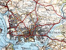 Part of an Ordnance Survey 1" map showing Plymouth in 1936 Plymouth OS 1 inch 1936.JPG