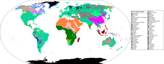 Principal language families of the world (and in some cases geographic groups of families). For greater detail, see Distribution of languages in the world. Primary Human Language Families Map.png