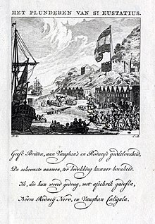 The looting of the island causing great excitement. Rodney is called Nero and General Vaughan was compared to Caligula. (Dutch engraving) Prise et pillage ile Saint Eustache 1781 par les Anglais.jpg