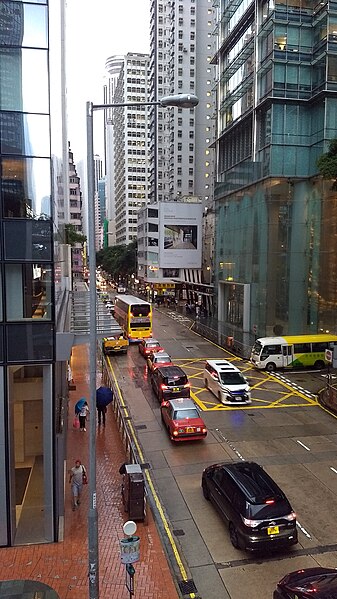 Western end of Queen's Road East, viewed from the overpass. Three Pacific Place is on the right. Hopewell Centre is visible in the distance.