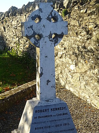 Grave of Robert Kennedy (of Baronrath); it describes him as "His Majesty's Lieut. and Custos Rotulorum, Co. Kildare." Robert Kennedy grave 1.jpg