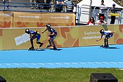 Deutsch: Badminton bei den Olympischen Jugendspielen 2018; Tag 2, 8. Oktober 2018; Viertelfinale Jungen Lauf 2 English: Roller speed skating at the 2018 Summer Youth Olympics; day 2, 8 October 2018 – Boys Quarterfinals run 2