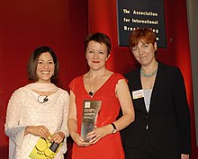 Rosie Goldsmith and Anca Toada accepting the AIB award in 2007 from Mishal Husain Rosie Goldsmith and-anca-toda-bbc 2055842974 o (49360939623).jpg