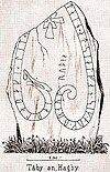 The runestone U 149, in a drawing made by Richard Dybeck from 1840. Runestone U 149 drawing.jpg