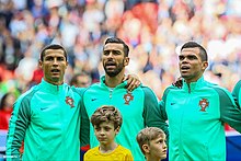 From left to right: Cristiano Ronaldo, Rui Patricio and Pepe lining up at the 2017 Confederations Cup in Russia Russia-Portugal CC2017 (11).jpg