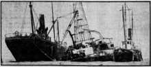 Sunken-ex Alabama, center, with two salvage vessels in 1926. Arbutus on right. Salvage of USS Alabama in 1926.png