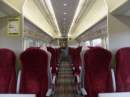 Standard-class interior of refurbished InterCity 125 (also known as HST) operated by CrossCountry. The InterCity 125 is the world's fastest diesel train.