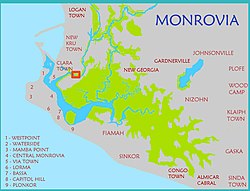 Clara Town located on a map of greater Monrovia. Shantytown map Monrovia (cropped).jpg